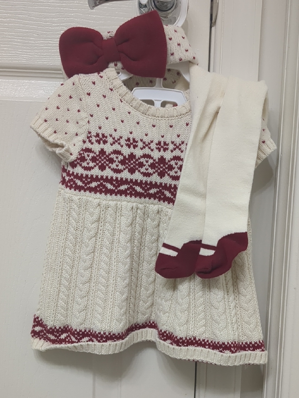 Holiday Cream and Burgundy Knit Baby Dress with Bow Headband & Tights